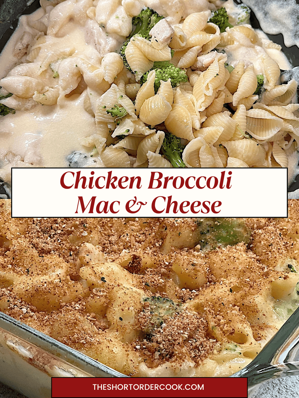 Chicken Broccoli Mac & Cheese bake ready to eat and photo of pot mixing shells, cheese sauce and cooked broccoli chicken.