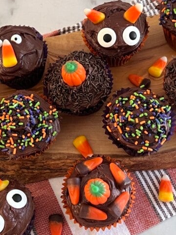 Halloween Cupcakes with chocolate cake mix, frosting, & candy sprinkles.