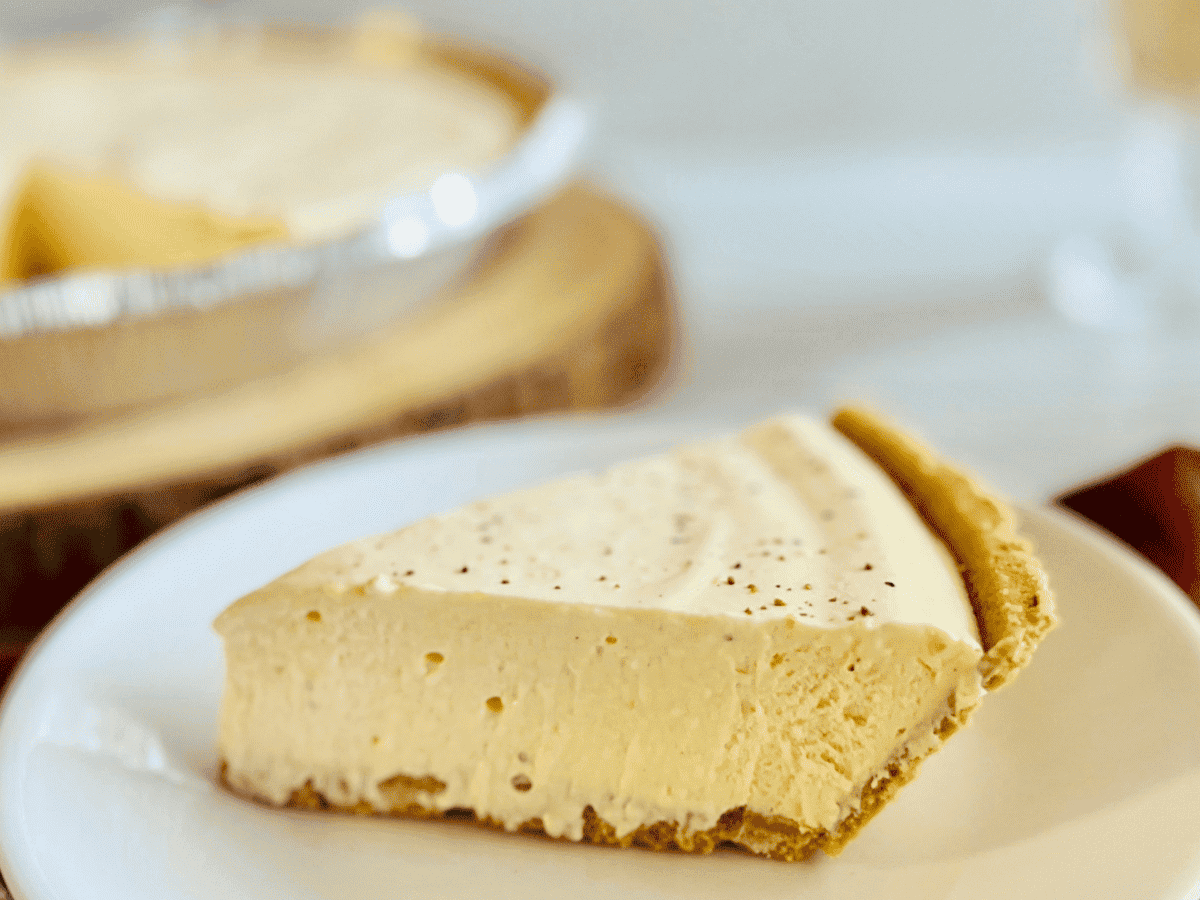 Slice of eggnog pie- easy no-bake Christmas dessert.